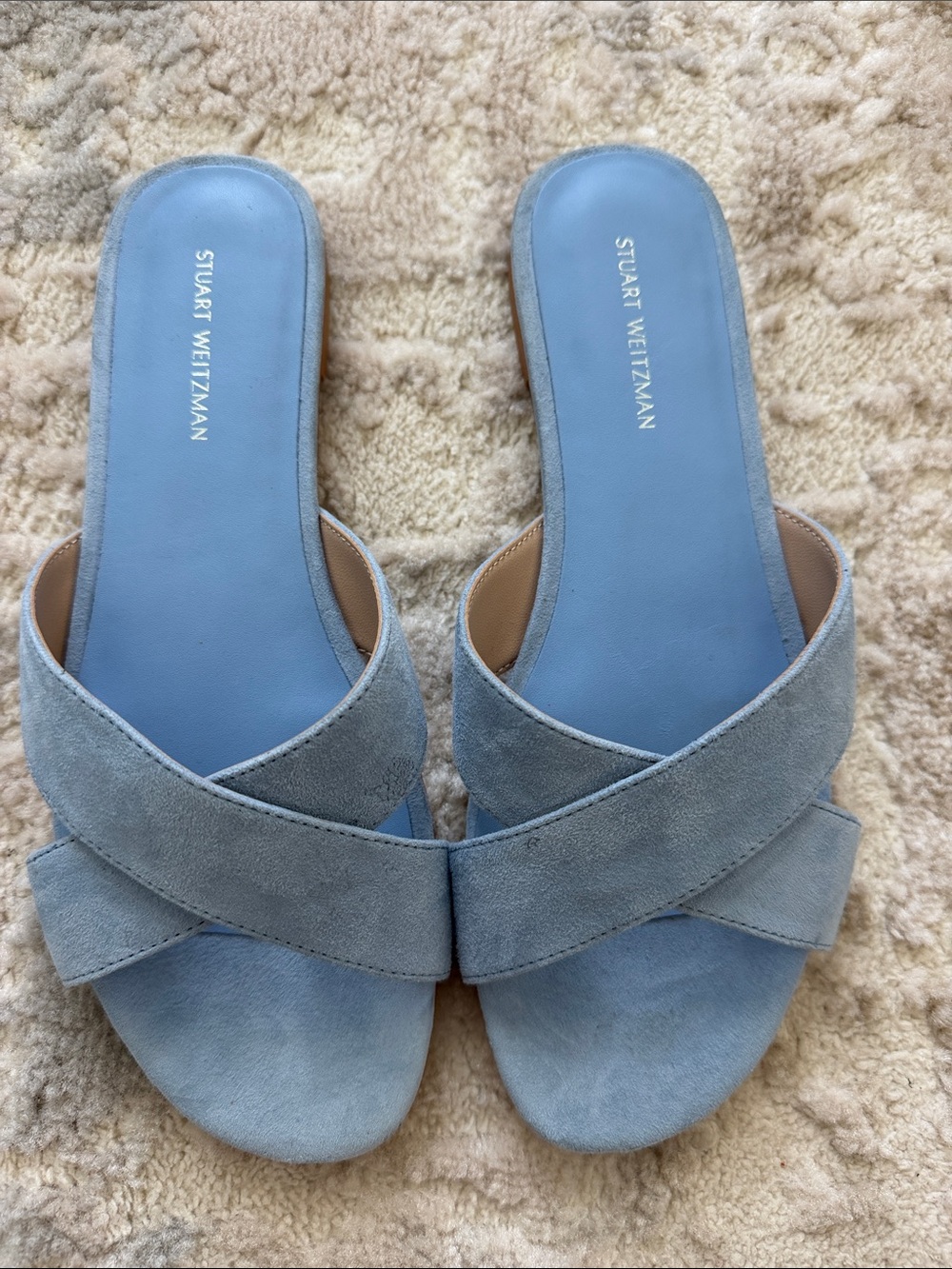 Stuart Weitzman Powder Blue Suede Crossover Slide Mules